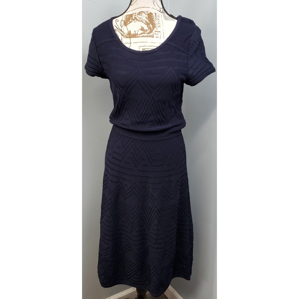 Talbots Fit & Flare Dress Womens M Navy Textured Knit Short Sleeve Scoop Neck